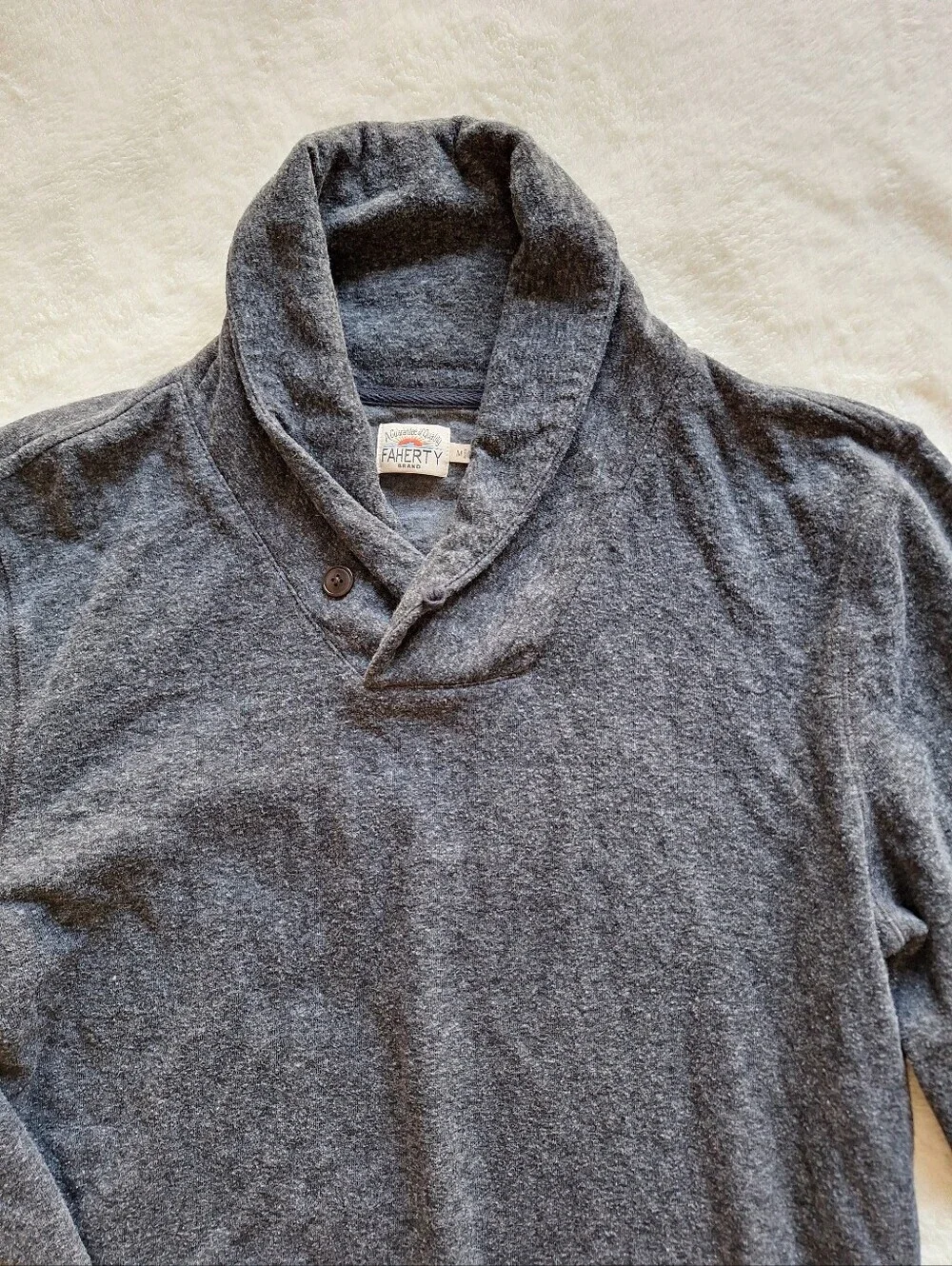Faherty Men’s Medium Shawl Collar Pullover Organic Cotton Charcoal Heather